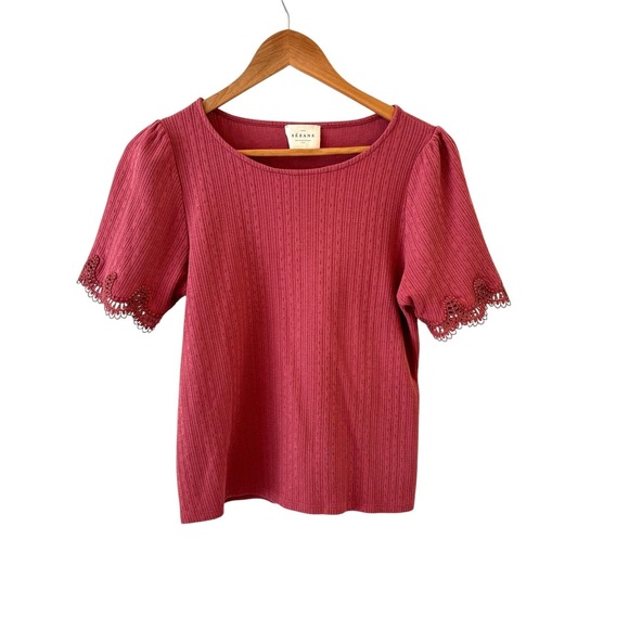 Sézane Tops - Sezane Crochet Puff Sleeve Tee Top Womens Size L Pink Jersey Feminine Boho